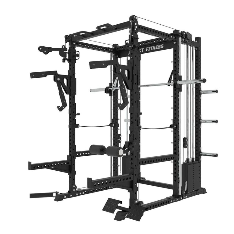 Power rack with pin loaded functional trainer and smith machine